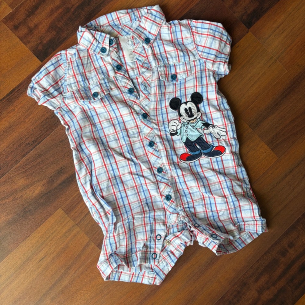 Disney Baby Mickey Mouse Plaid Romper Red White Blue 12-18M Button Front